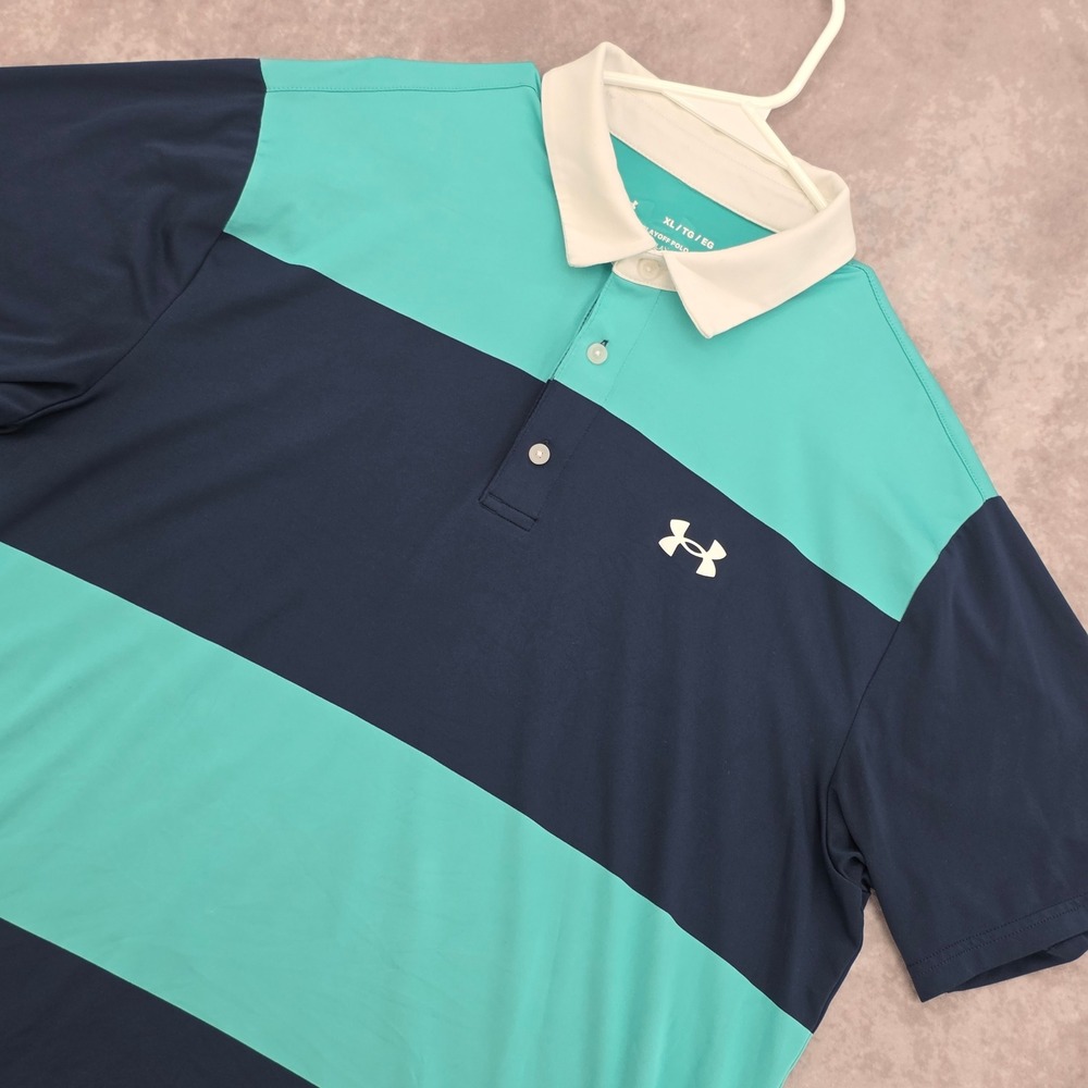 Under Armour Playoff Polo Golf Shirt Mens XL Navy Teal Striped Short Sleeve